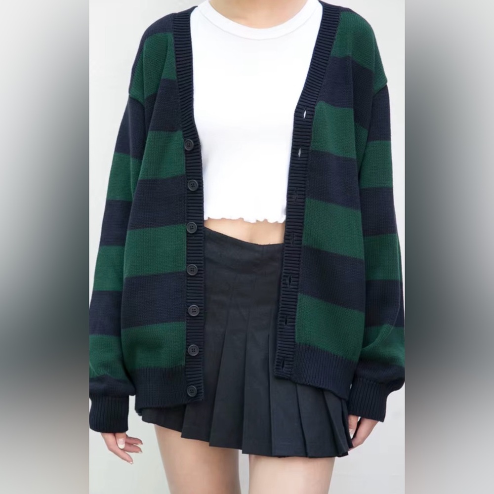 Brandy Melville Green and Navy Striped Button-Up Cardigan